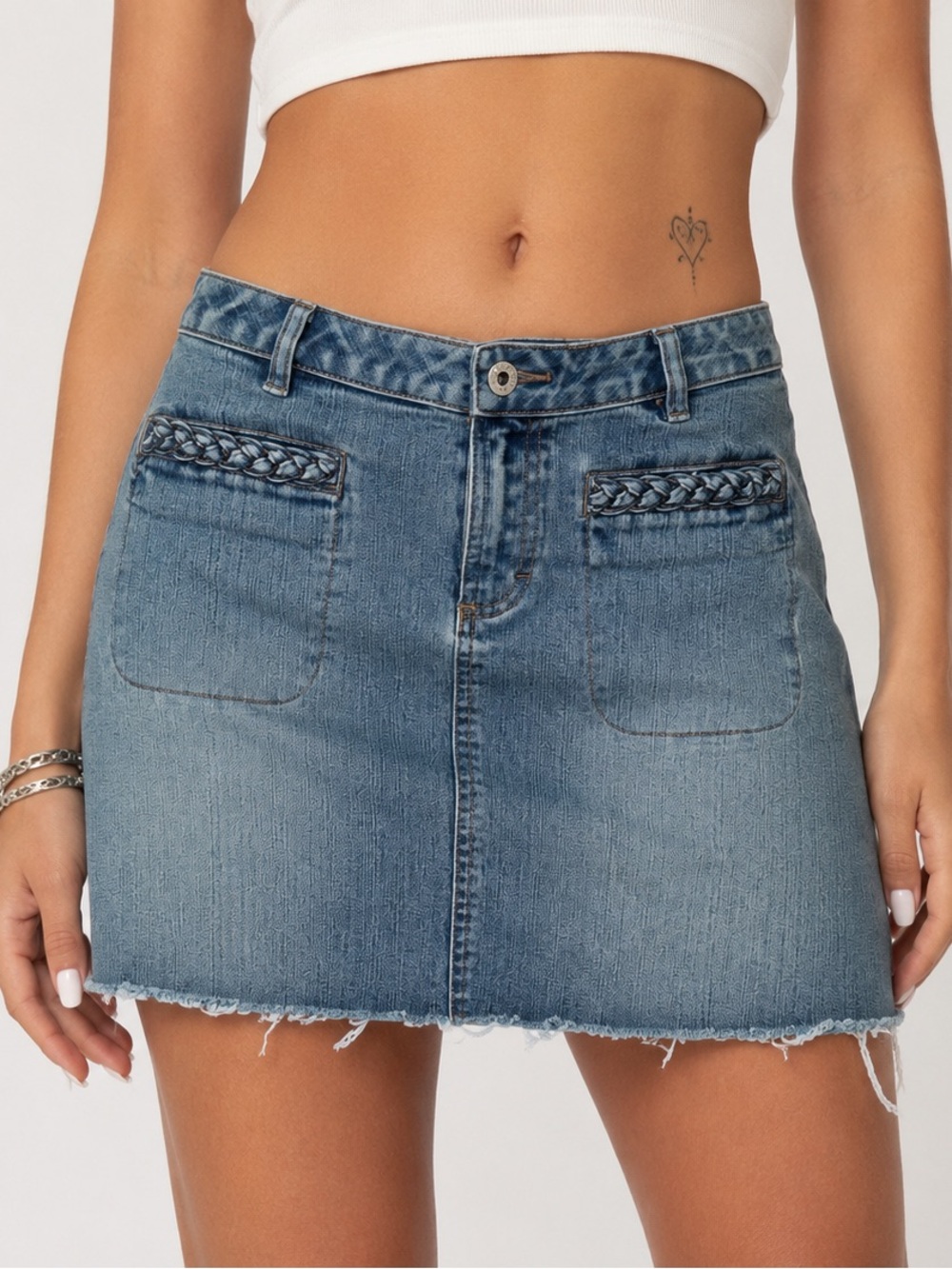 Vintage Y2K Riveted by Lee Denim Mini Skirt Braided Pocket Detail Size 6 Medium